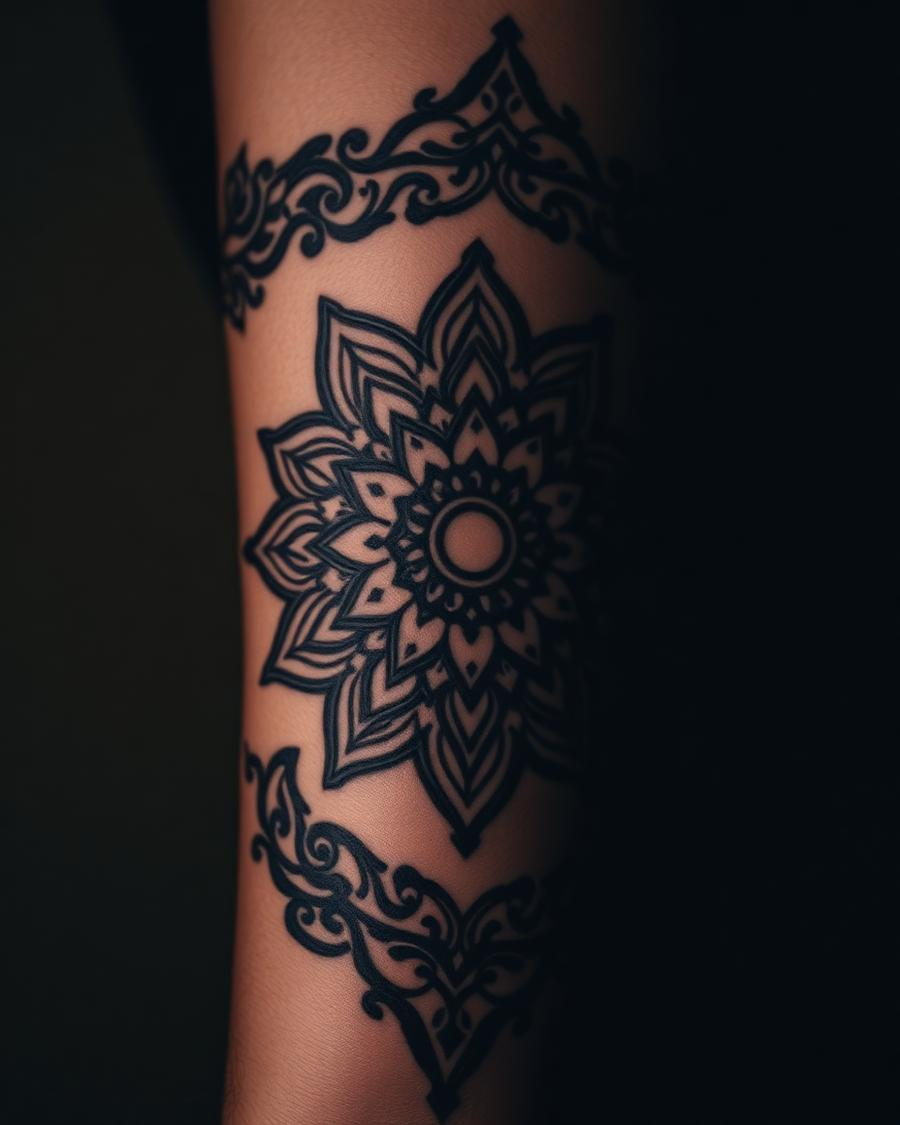 Ornamentales Blackwork-Mandala auf einem Unterarm