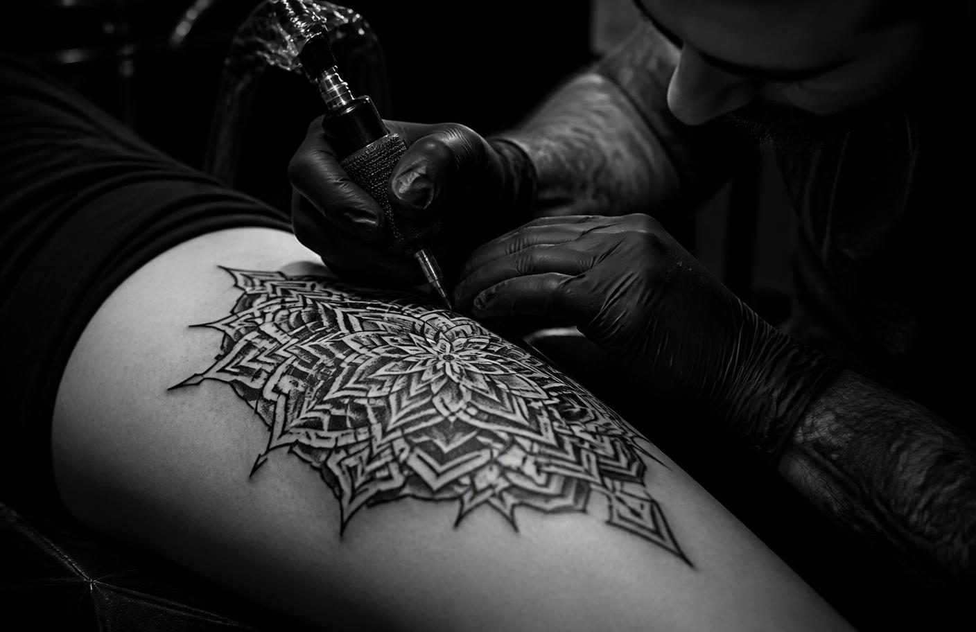 Großflächiges Blackwork-Ornament im Entstehen