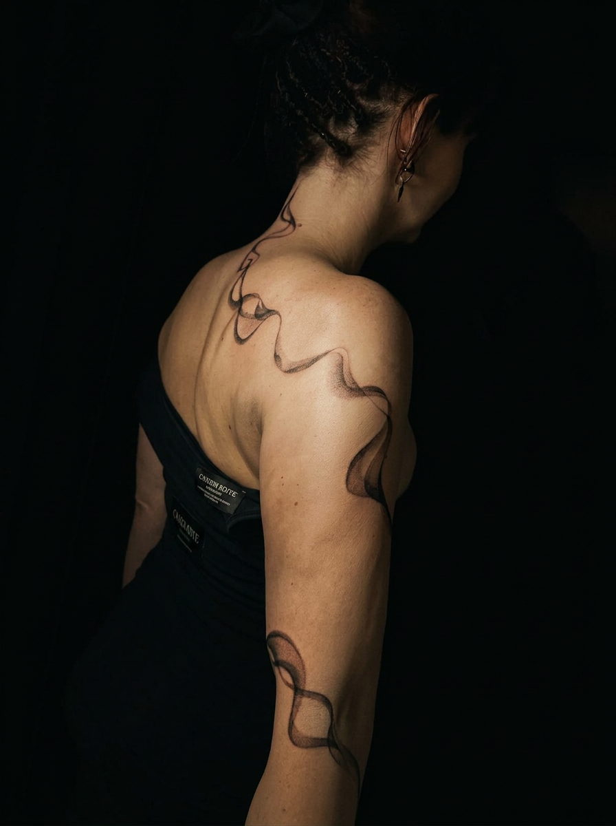 Fließendes Fine-Line-Tattoo aus Rauch-Bändern auf Rücken, Schulter und Arm